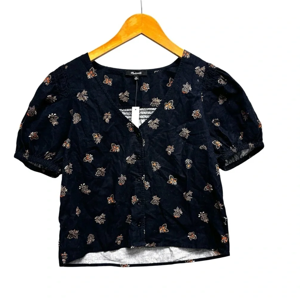 NWT Madewell Corduroy Bubble Sleeve Crop Shirt Britannica Blockprint